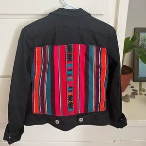 Black jean jacket with colorful Peruvian fabric